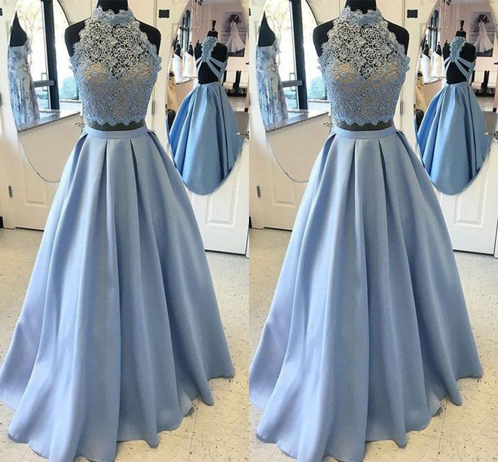 Light Sky Blue High Neck Prom  Evening  Dresses  A Line Satin 