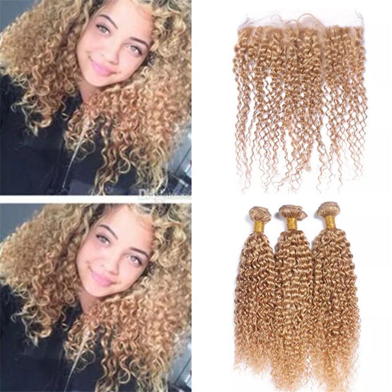 2019 Brazilian Virgin Hair Honey Blonde Curly Hair Weaves With