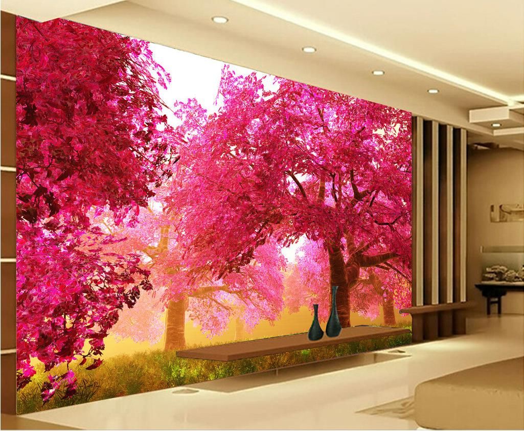 Pink Cherry Tree Grassland Tv Wall Decoration Painting Mural 3d Wallpaper Papers For Backdrop - 3d Wall Decor Pink Cherry Tree Grassland Tv Wall Decoration Painting Mural 3d Wallpaper Papers For Backdrop - 3d Wall Decor