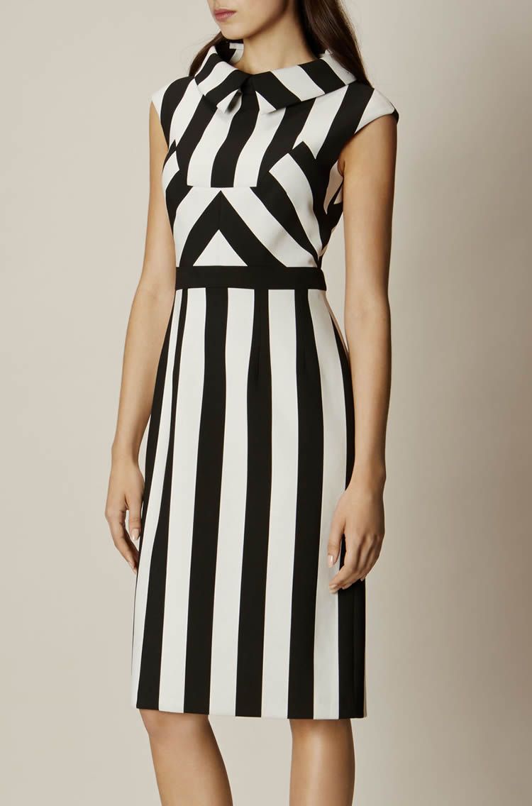 Fashion Strip Print Women Sheath Dress Peter Pan Collar Casual Dresses