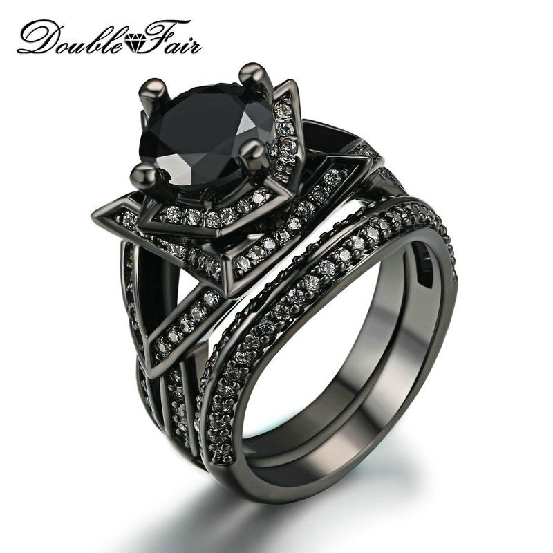 Elegant Black Gold Ring Sets Round Cut Black Cubic Zirconia Rings Sets ...