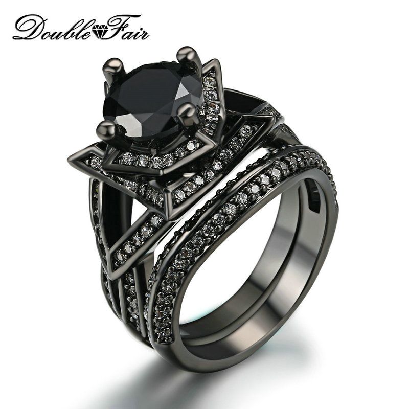 Elegant Black Gold Ring Sets Round Cut Black Cubic Zirconia Rings Sets