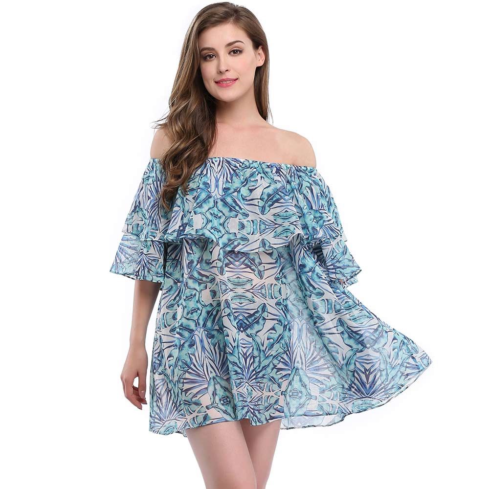 2019 New Sexy Off Shoulder Blue Print Tunics For Beach ...