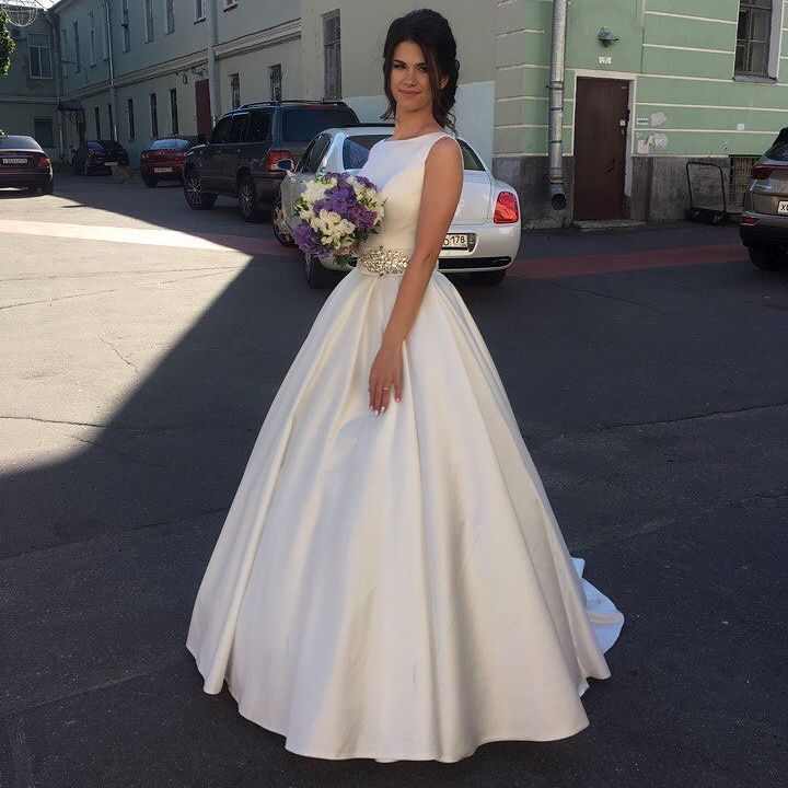 compre blanco satinado una línea de vestidos de novia largos 2018