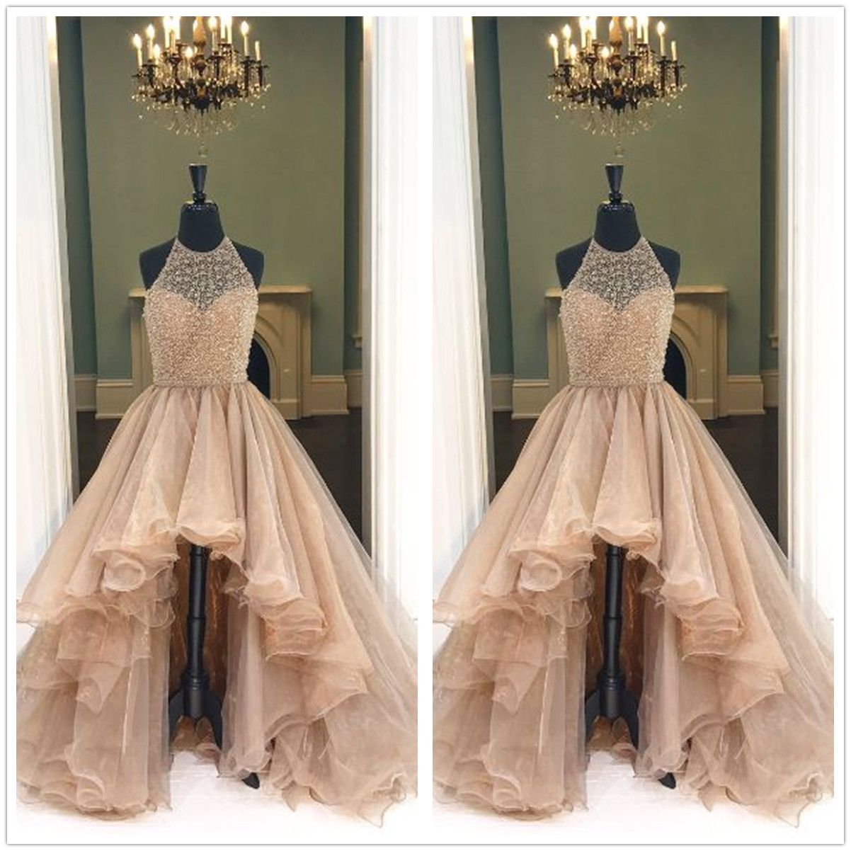 2017 New Sexy Halter Tulle High Low A Line Prom Dresses Stones Beaded