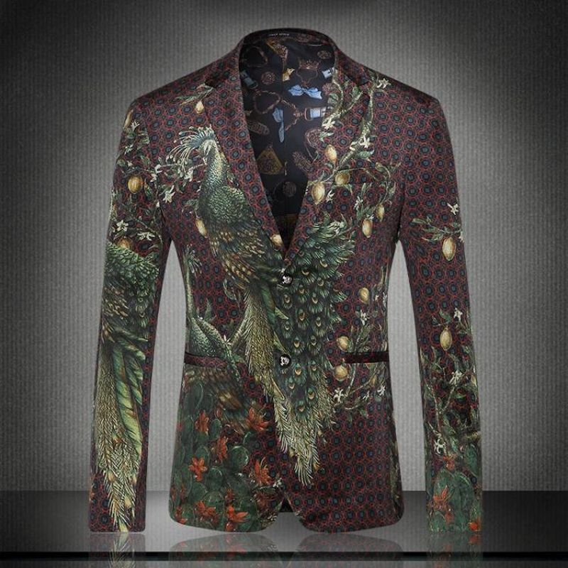2018 Men Peacock Printed Men Blazers Casual Suit Jacket Slim Fit Homens ...