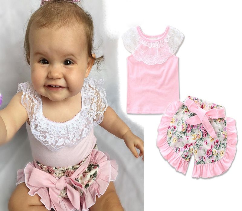 2020 INS Baby Girls Lace Outfits Lace Top + Infant Big Bow Floral Short