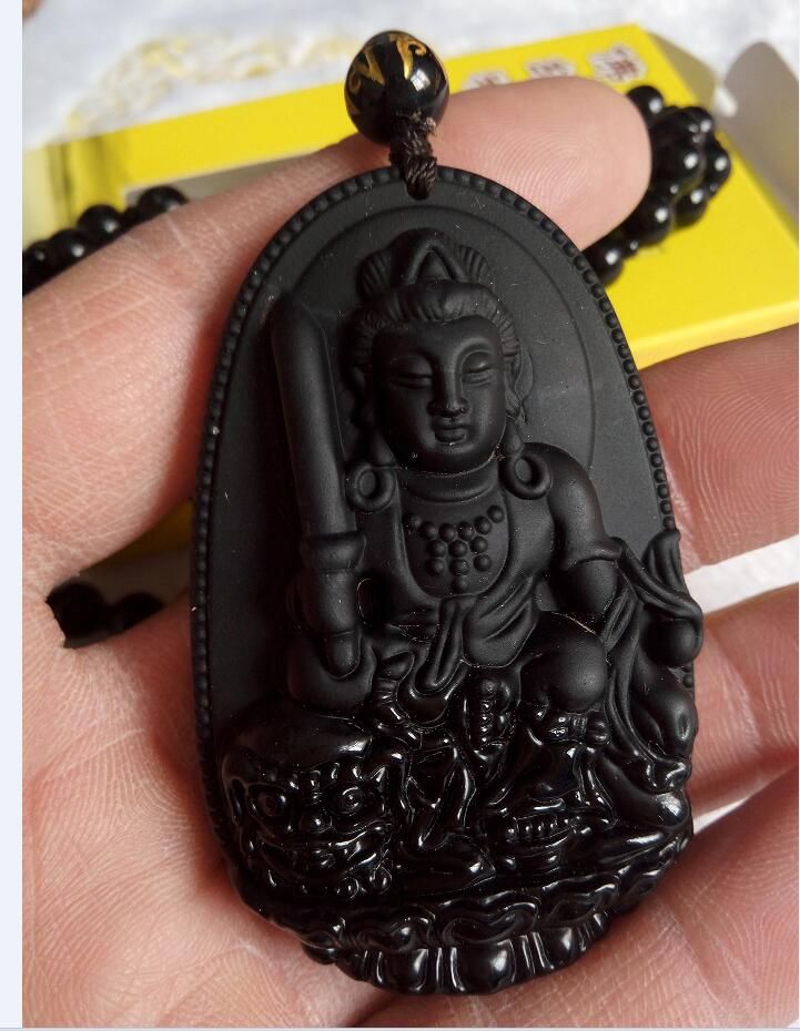 Natural Black Obsidian der geschnitzte GuanYin Buddha Glücksanhänger-Halskette
