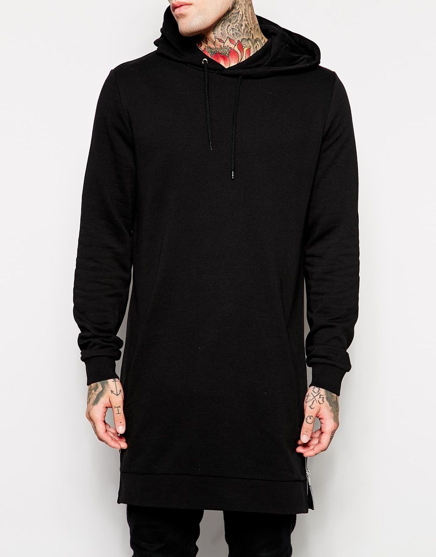 2021 New Fashion Black Mens Longline Hoodies Men Fleece Solid ...