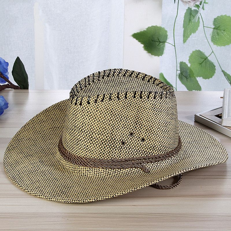 Discount Summer Fashion Men Solid Straw Western Cowboy Hat With Rope ...