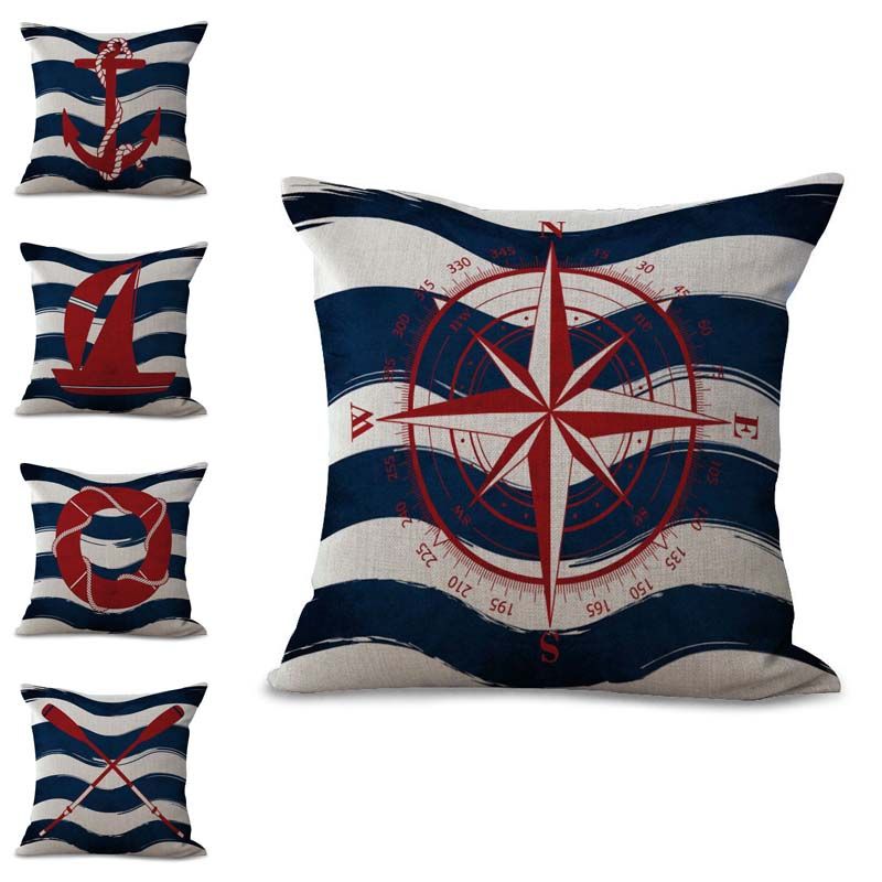 Sailing Stripe Boat Anchor Compass Life Buoy Pillow Case Cushion Cover