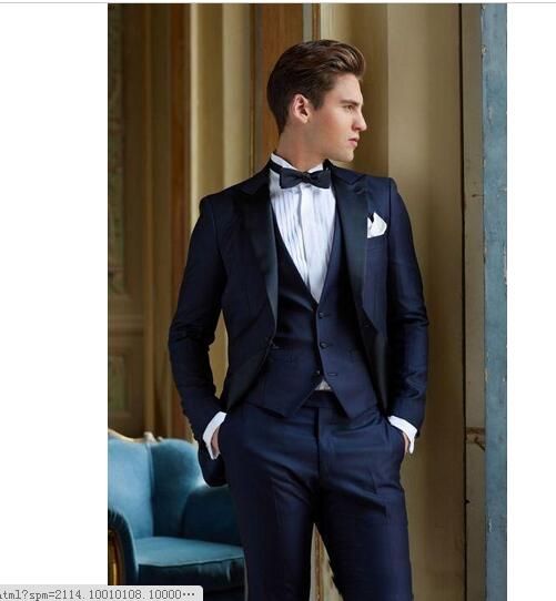 Acheter Bleu Marine Mariage Smokings Tuxedos Slim Fit Pour Hommes Veste Gilet Et Pantalon Marié Hommes Suit Trois Pièces Costumes Formelles Avec Noeud