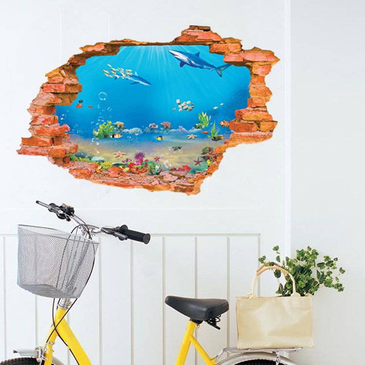 aw8001i 3d broken wall stickers sea fishes dolphin vinyl decals