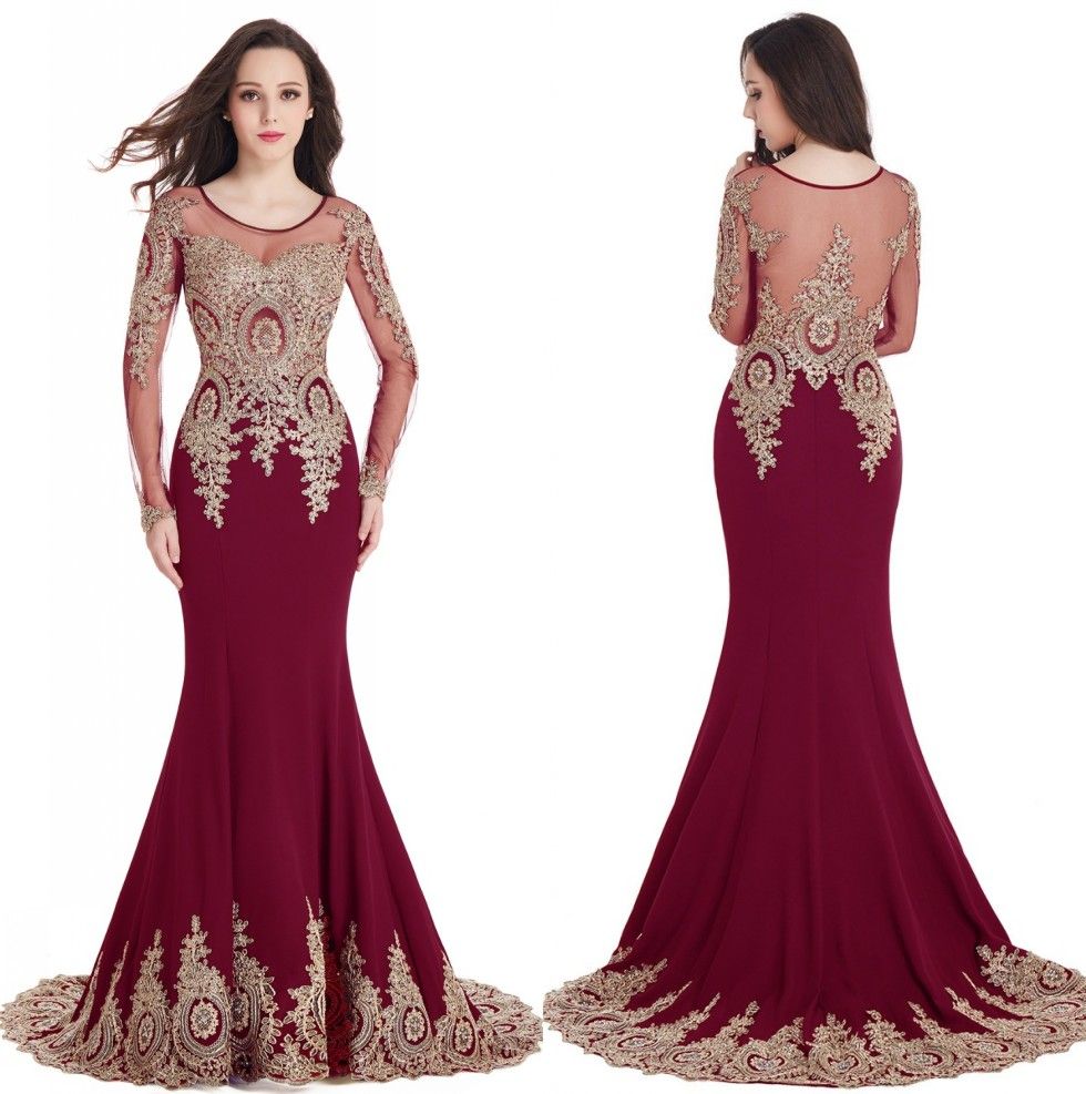 Burgundy Long Sleeve Mother Of The Bride Dresses Scoop Sheer Neckline