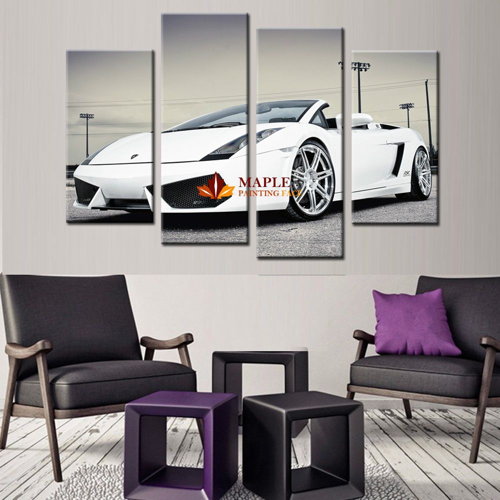 2019 4 Panel Canvas Wall Pictures White Sports Car Wall Art Painting