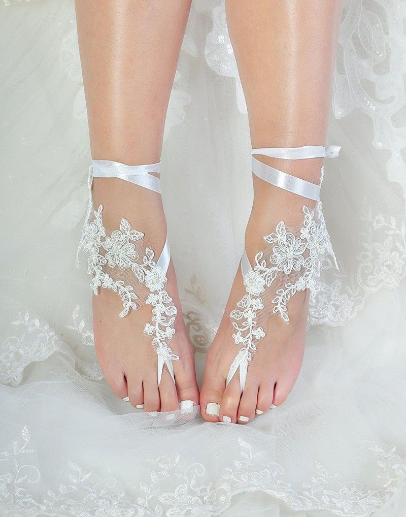 Gorgeous Ribbon Beach Wedding Shoes Delicate Beads Open Toe Ankle