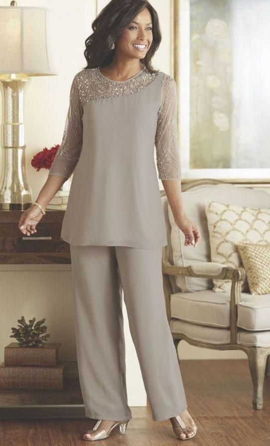 Delicate Lace Gray Chiffon Pants Suit For Wedding Party Women Evening ...