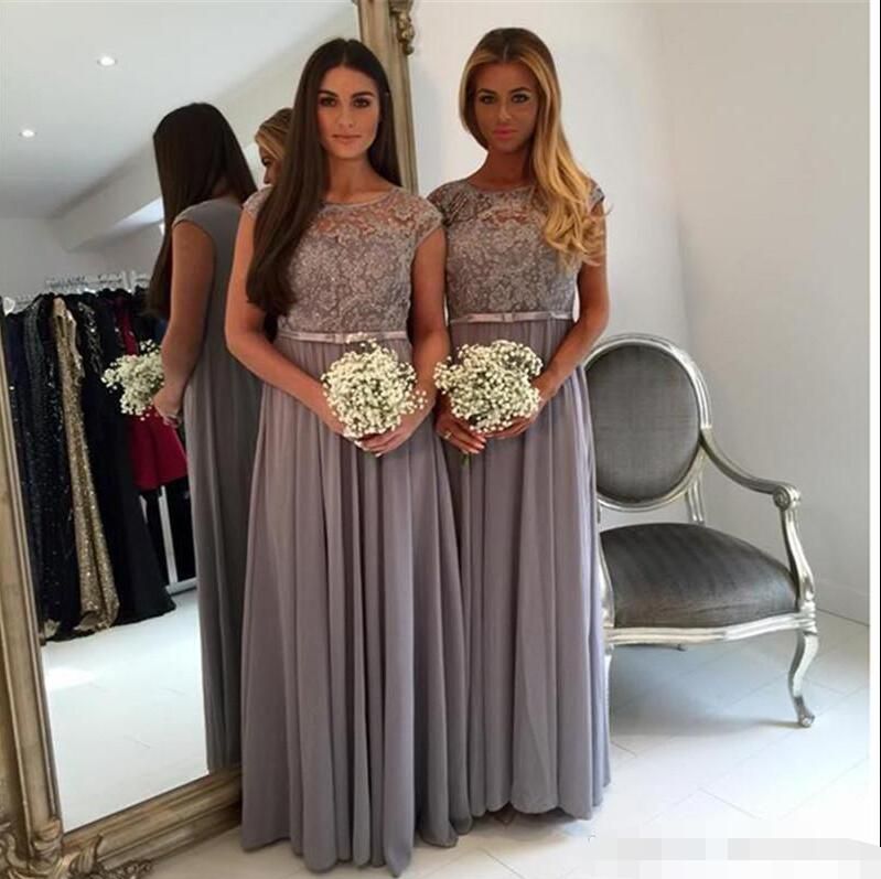 Silver Lace Chiffon Modest Bridesmaid Dresses With Cap Sleeves Sheer
