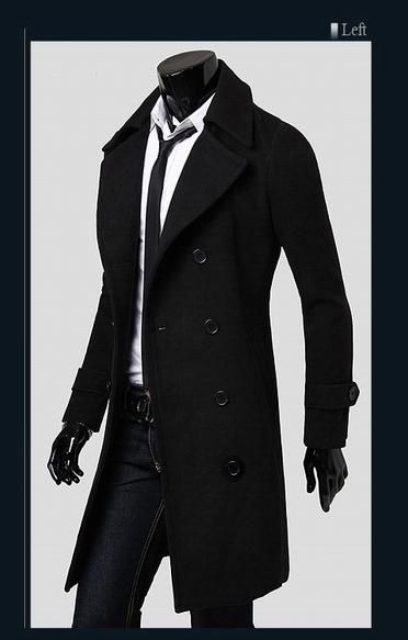 Worsted long Trench Coat Men Double Breasted Long Sleeve Big Turn Down Collar Split Design Slim Fit Man Long Trench Coats Free Ship y038