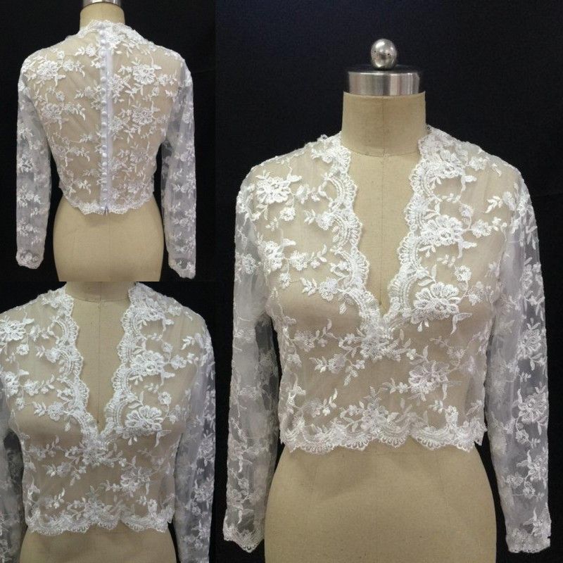 Cheap Bridal Wraps Modest Alencon Applique V Neck Wedding Bridal