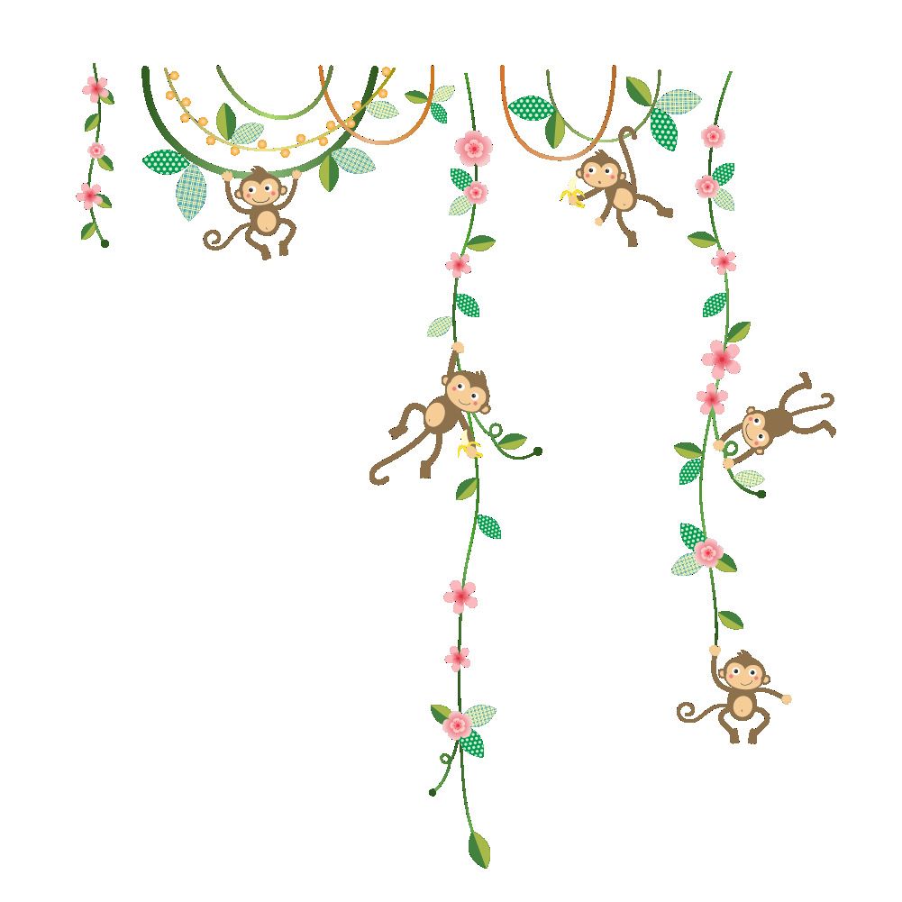 Cartoon Monkey Climbing Flower Vine Wall Decals Kids Room Nursery Wall