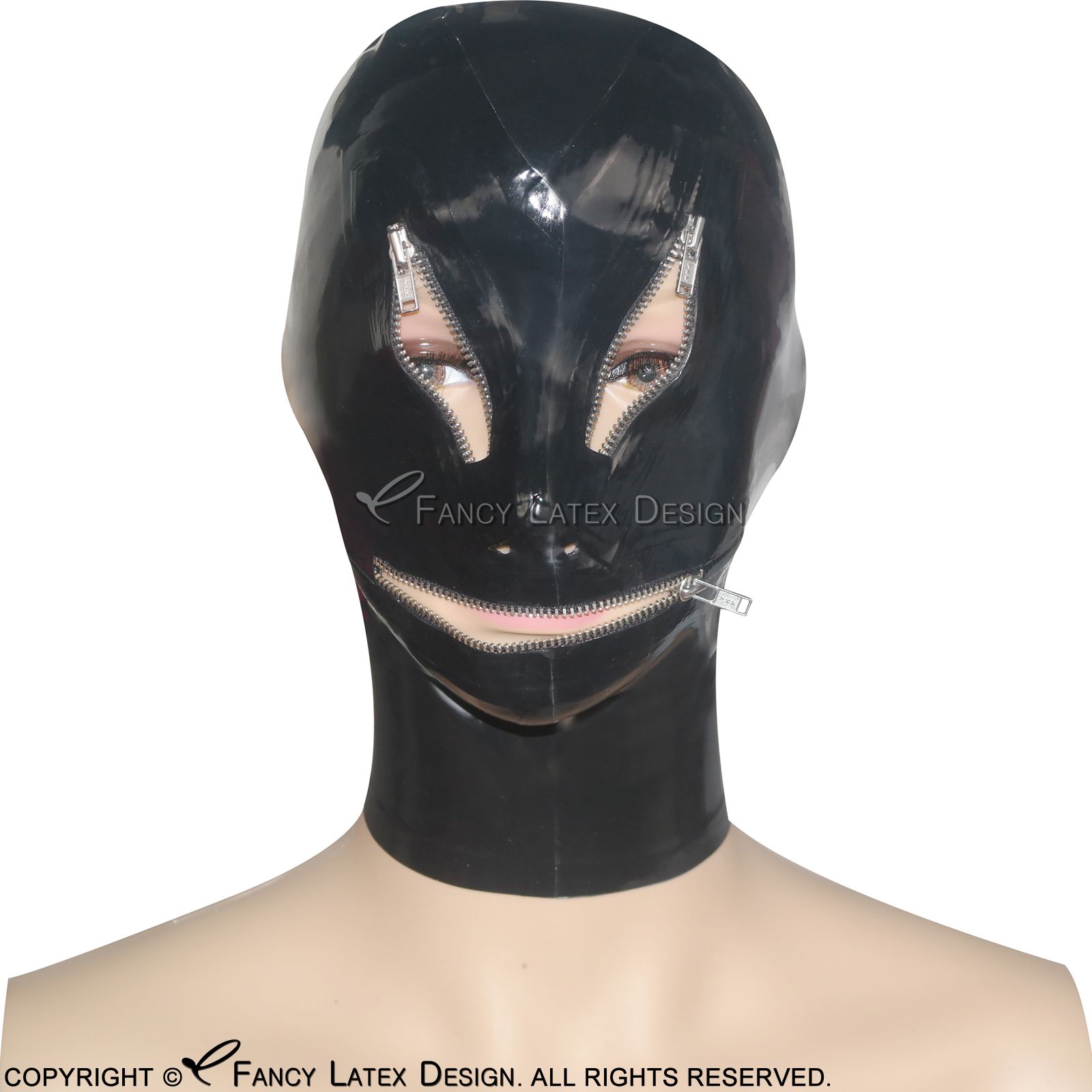 Black Sexy Latex Hood With Zip On Eyes Mouth Back Open Zip at Back Nose