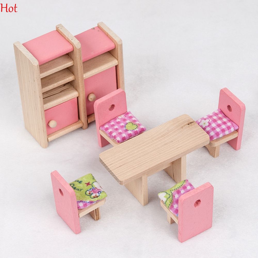 Pink Wooden Dinning Dolls House Furniture Room Dollhouse Miniature Pink Wooden Dinning Dolls House Furniture Room Dollhouse Miniature For Kids Toys Kitchen Diy Doll Houses Chileren Gift 2091379
