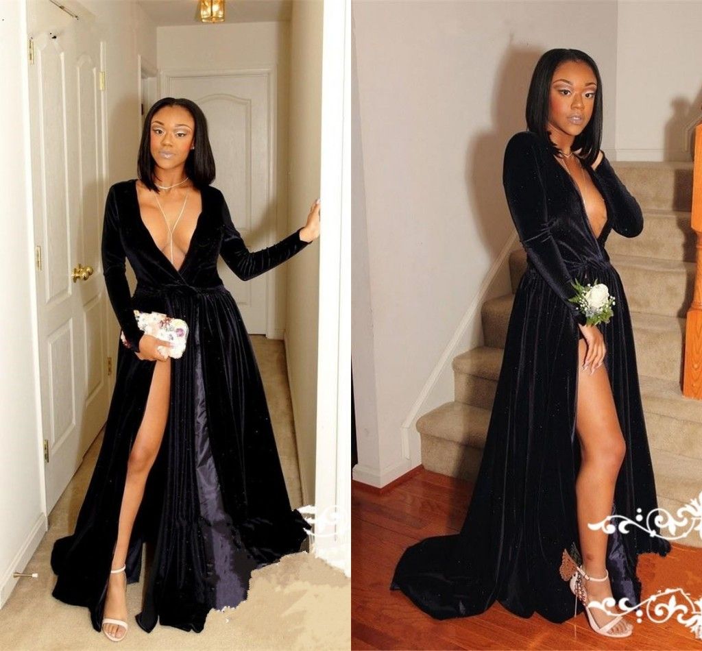 long sleeve v neck formal dress