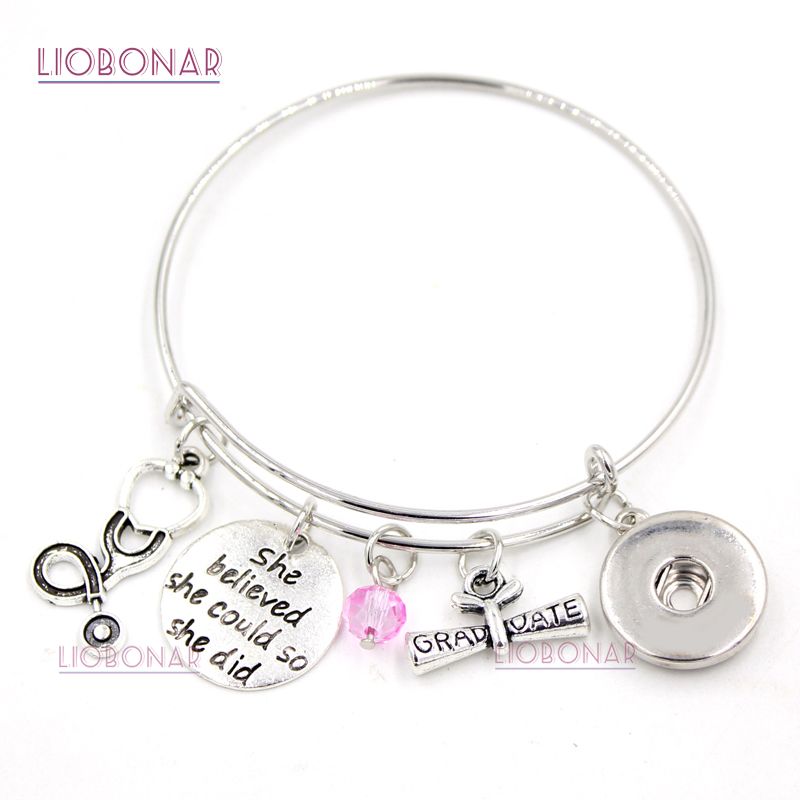 Wholesale Snap Jewelry Medical Charm Bracelet Expandable Wire Bangle