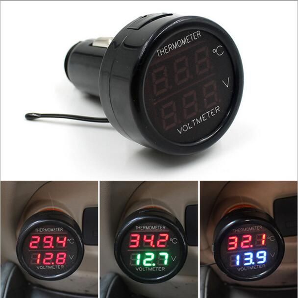 2 In 1 Car Auto 12V Dual Display LED Digital Thermometer Voltmeter Temperature Volt Meter