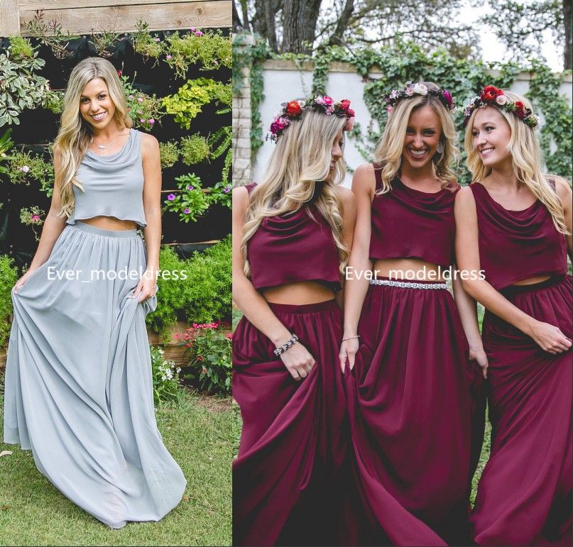 Wine Red Two Pieces Wedding Guest Dress 2017 Floor Length Jewel Ruched