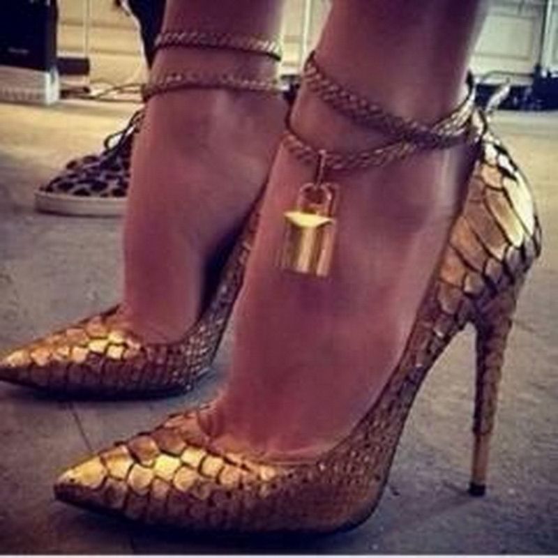 New Designer  Brand  Gold Lock Pointy Toe High Heels  Women 