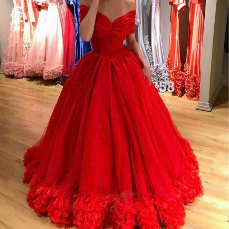 Puffy Tulle Red Prom Dress Glamorous Off The Shoulder Applique Zipper ...