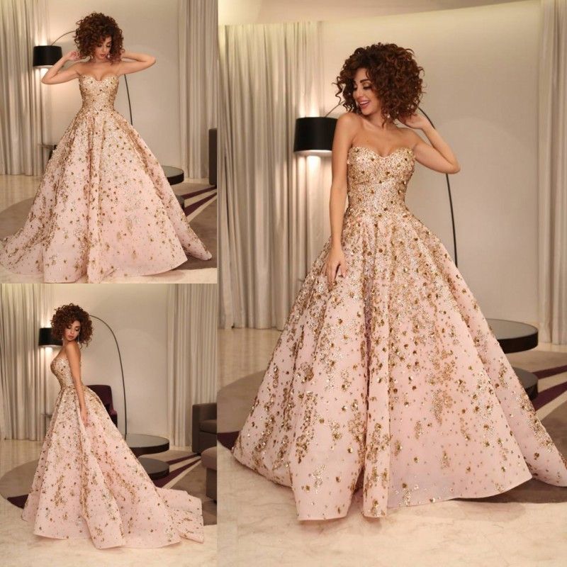 Pink Sweetheart Prom Dresses With Gold Sequins Beaded Evening Gowns Ball Gown Sweep