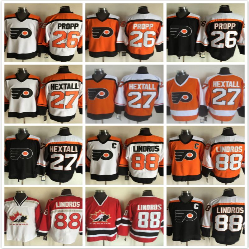 2018 vintage philadelphia flyers 26 brian propp 27 ron hextall 88 eric lindros orange flyers ccm jersey