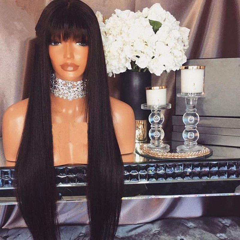 Hot Synthetic Glueless Hair Wigs With Bangs Black Silky Straight