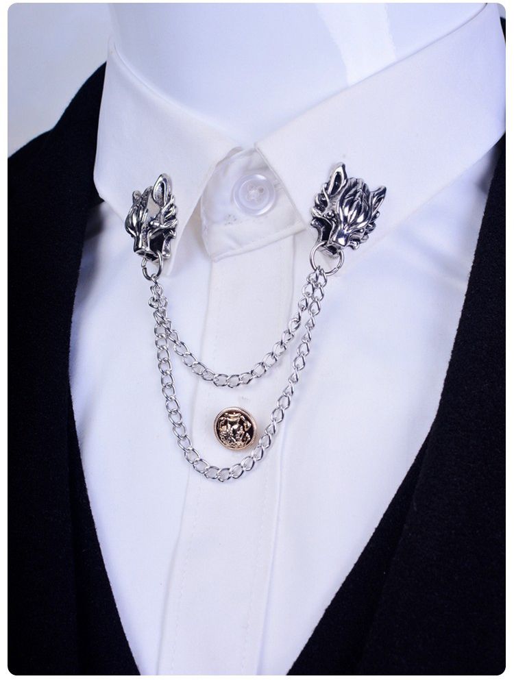 Wholesale, 2 Pcs fashionable vintage silver wolf head brooches men suit lapel pin brooch hijab collar pins jewelry