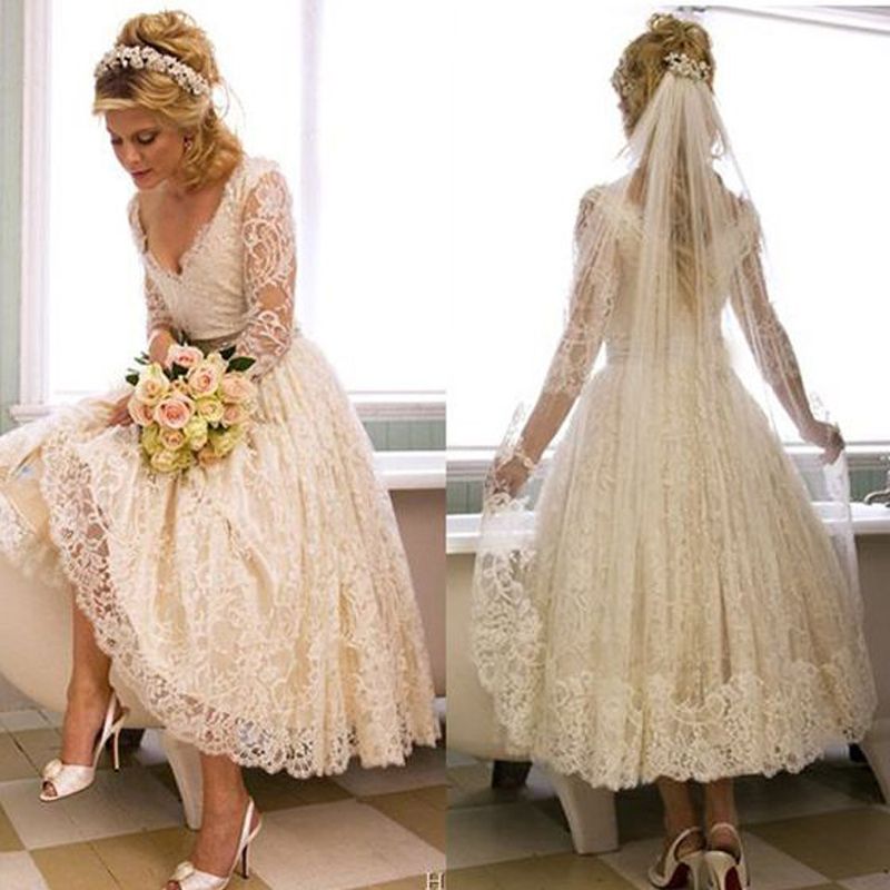 Discount Vintage  Lace 2019 1950s V Neck Wedding  Dress  Tea 