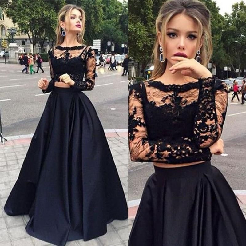 Compra Y Encaje Negro Dos Piezas De Baile Vestidos De Satén Con Cuello De  Manga Larga Escarpada Del Partido Vestidos Formales De La Cremallera De La  Espalda Vestidos De Noche Vestidos De