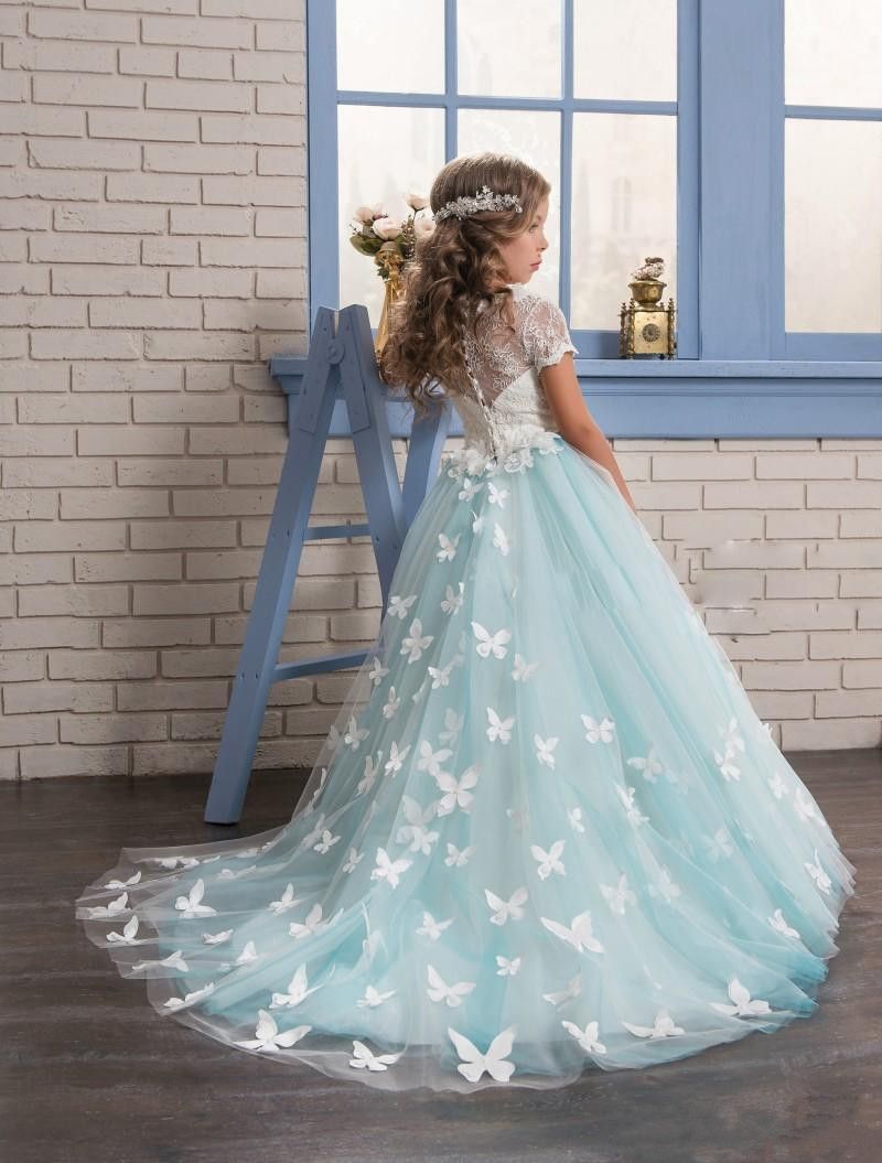 Exquisite Blue And White Kids Formal Dress Lace Sleeves Crew Tutu Gown