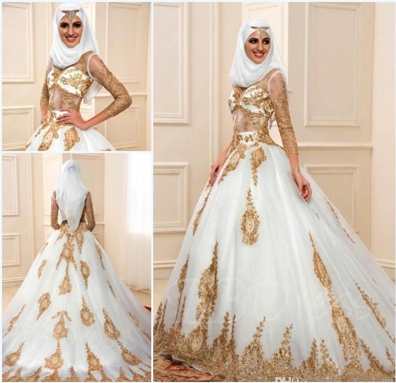 Discount Muslim Wedding Dresses 2017 Gold Lace Applique 