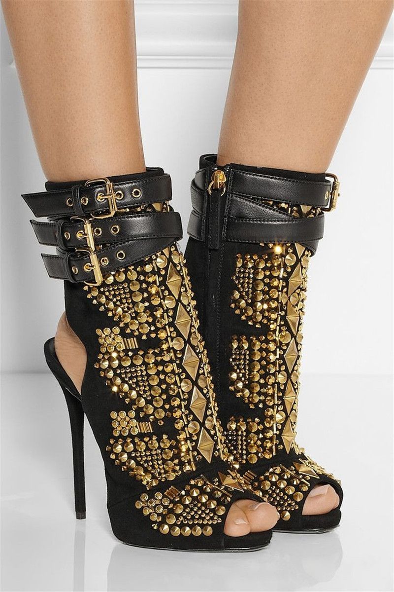 black and gold rhinestone heels