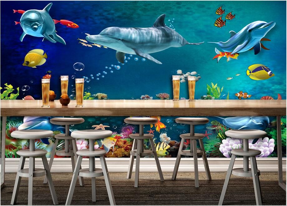 3d خلفيات مخصص صور جدارية عالم البحار الدلفين الأسماك مشهد غرفة الديكور اللوحة 3d جداريات ورق