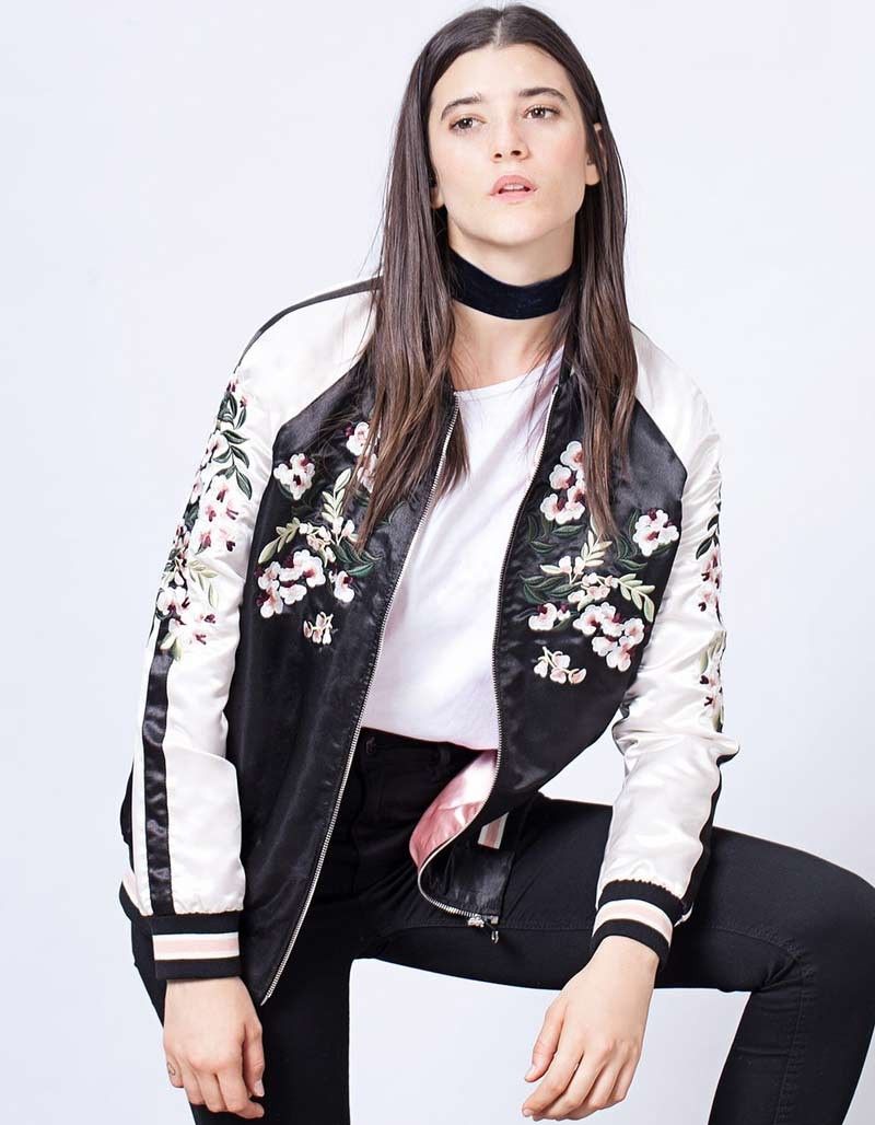 Jacket Women Floral Embroidered Bomber Jacket Satin Black Vintage See larger image - Jacket Women Floral Embroidered Bomber Jacket Satin Black Vintage