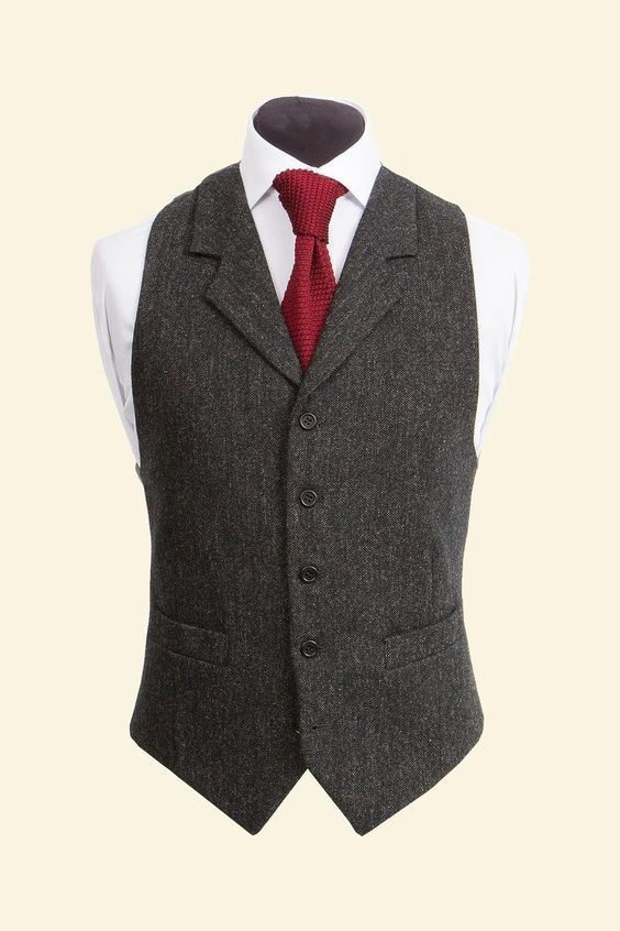 2017 Vintage Black Wool Tweed Vests Slim Mens Suit Vests Custom Made