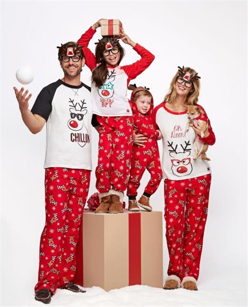 2018 New Year Family Matching Outfits Christmas Pajamas Santas Deer With Glass Mother Daughter Father Son Toddler Clothes