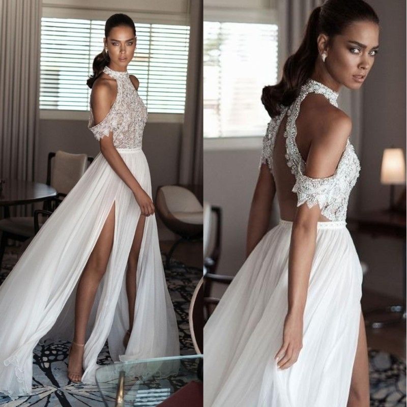 Discount 2018 Bohemia Beach Wedding Dresses Chiffon High Neck Bridal