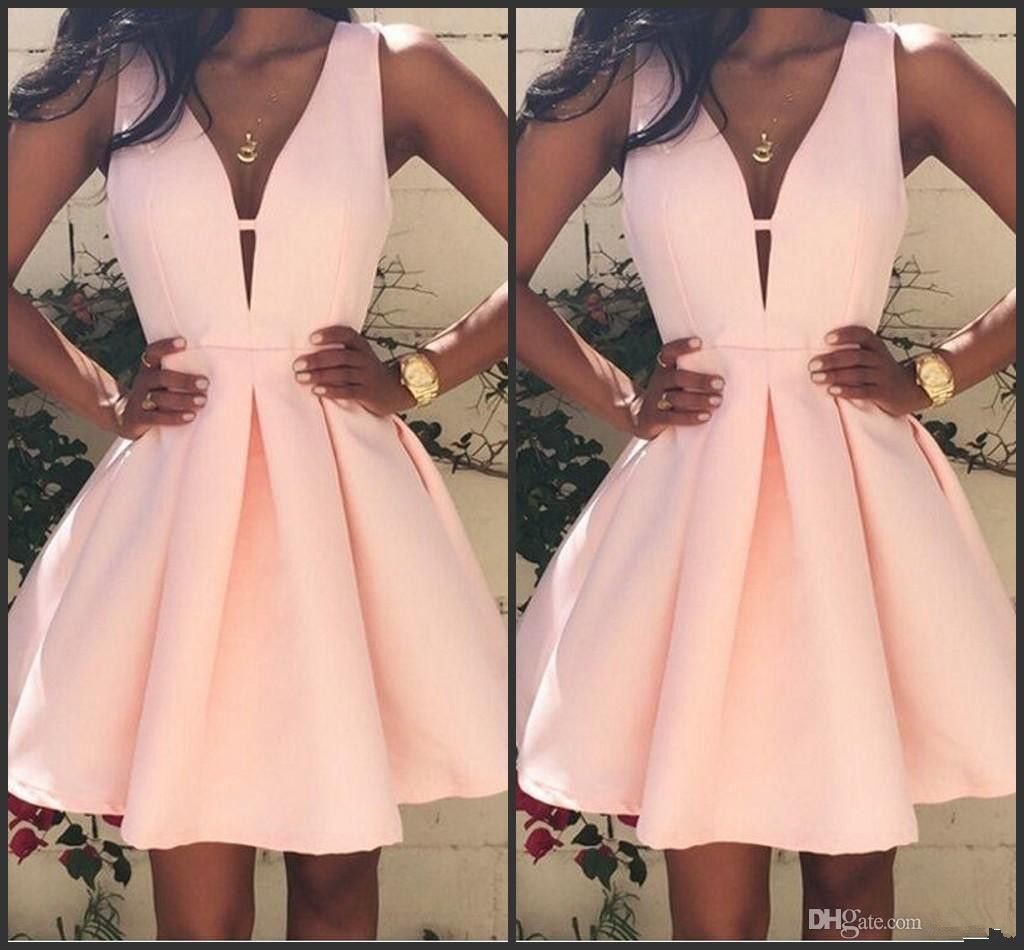 Peach Pink Party Dresses Short V Neck Sexy Elegant Sheath Cocktail Plus