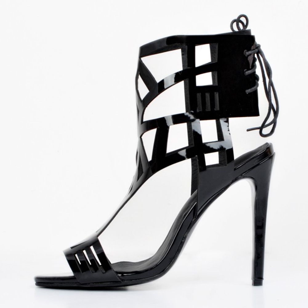 Zandina Bayan Moda El Yapımı Hollow Stil Açık ayak Dantel-up Seksi Yüksek Topuk Parti Ofis Sandalet Mahkemesi Ayakkabı Siyah XD106