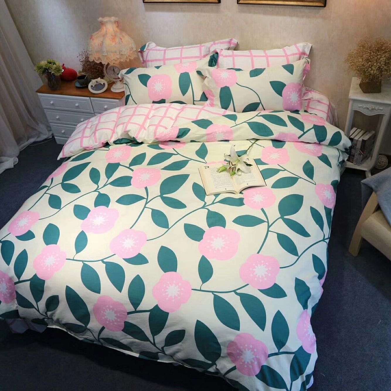 Baiduo Cotton Green Queen King Size For Big Bed Flower Bedding Baiduo Cotton Green Queen King Size For Big Bed Flower Bedding Sets Comforter Duvet Cover Flat Sheet And Pillowcases Purple
